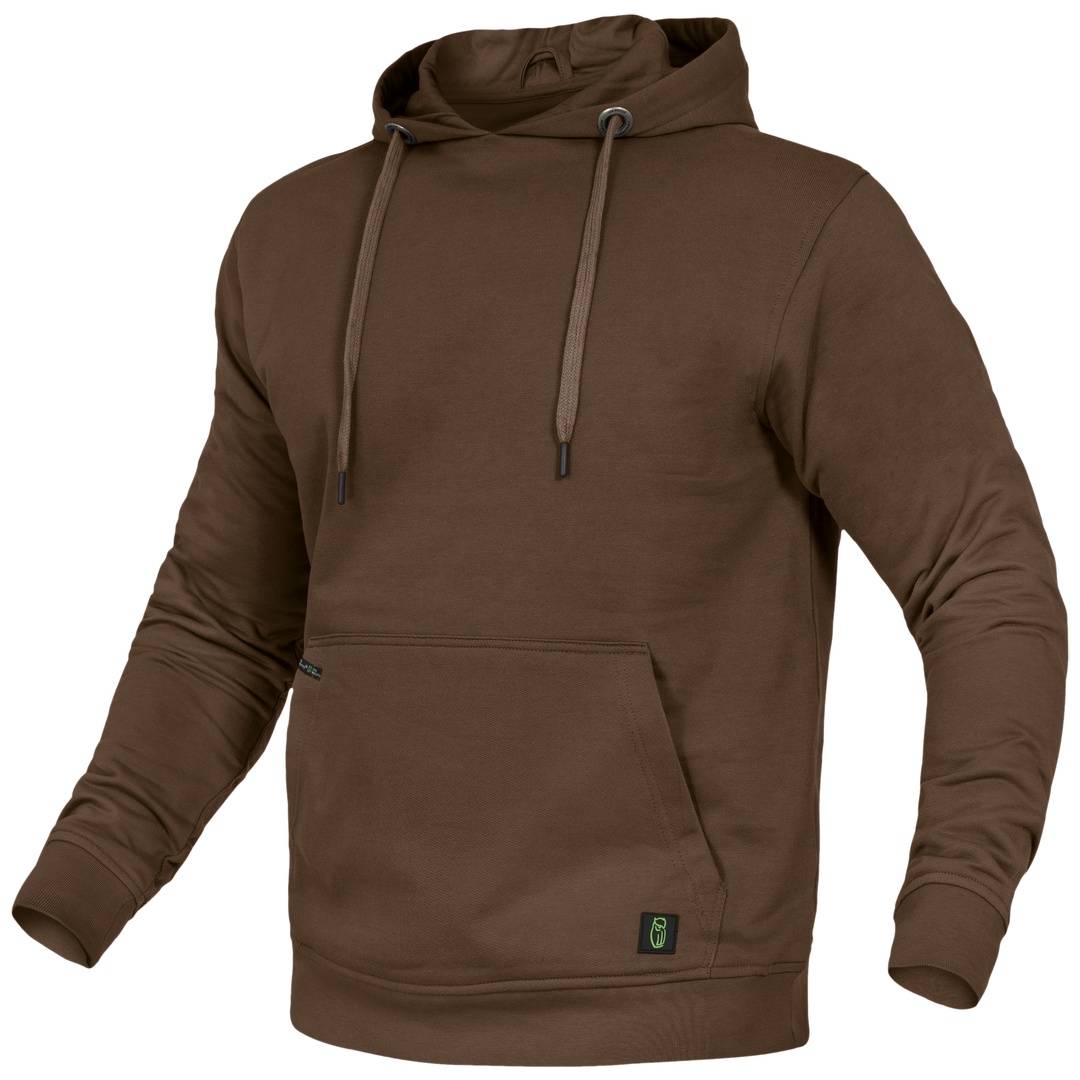 Brauner Hoodie-Sweatshirt mit Kordelzügen und einer vorderen Känguru-Tasche, gezeigt auf weißem Hintergrund.