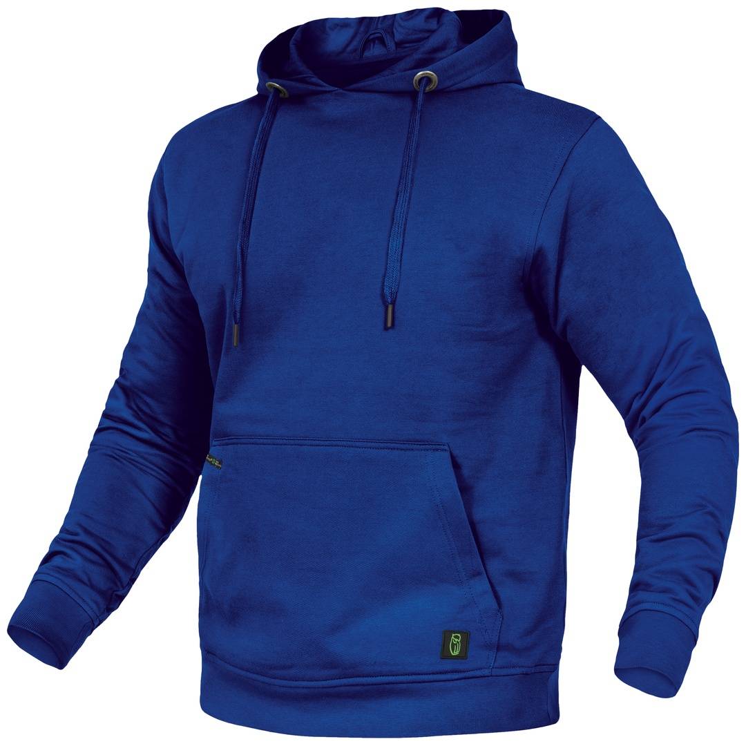 Blauer Kapuzenpullover mit langen Ärmeln, vorderer Känguru-Tasche und Kordelzug-Kapuze auf weißem Hintergrund.