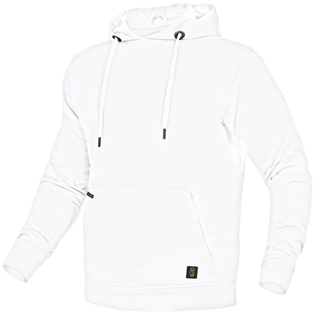Weißer Kapuzenpullover mit Kordelzug und einer vorderen Känguru-Tasche, gezeigt auf einem schlichten Hintergrund.