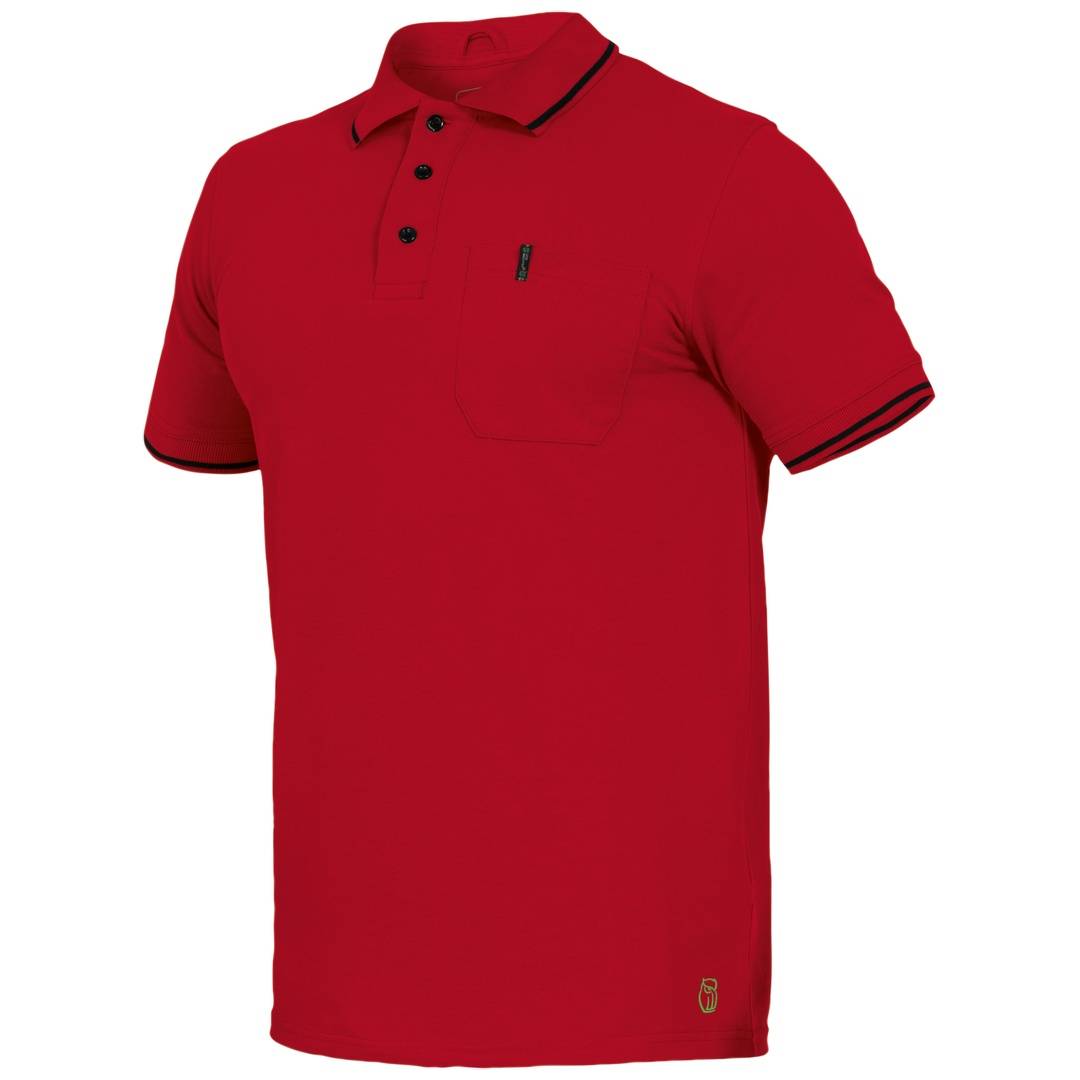 Rotes Kurzarm-Poloshirt mit Kragen, Knopfleiste und kleinem Brustwappen auf einfachem weißem Hintergrund.
