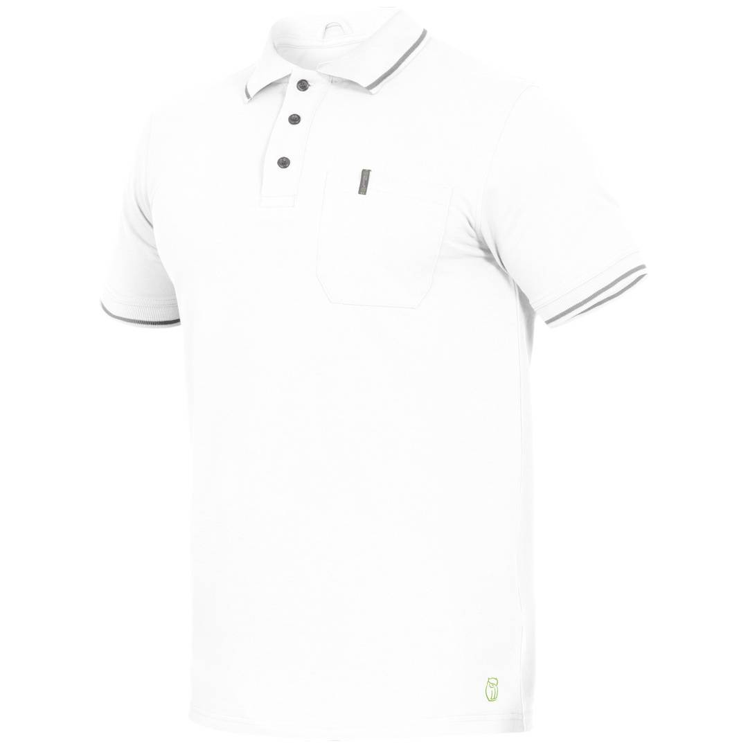 Weißes Kurzarm-Poloshirt mit Knopfkragen und kleiner Brusttasche, auf einfachem Hintergrund abgebildet.