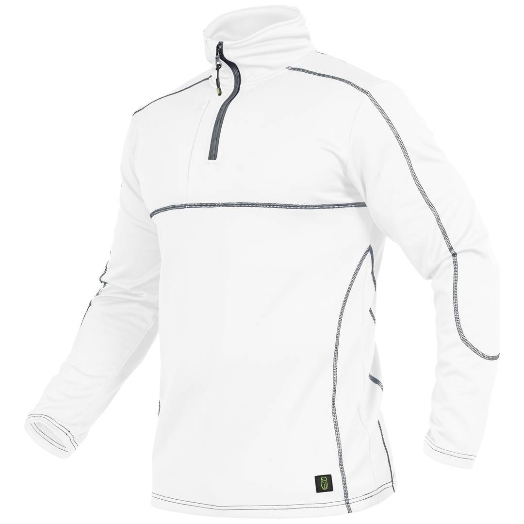 Weißer Langarm-Viertel-Zip-Pullover-Jacke mit Stehkragen und grauer Paspelierung, gezeigt auf neutralem Hintergrund.