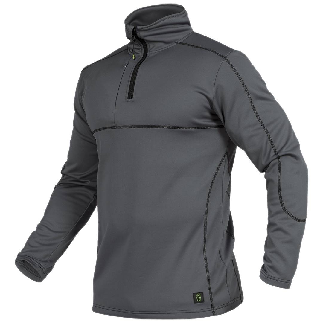Graues Langarm-Performance-Pullover-Shirt mit hochstehendem Reißverschluss-Kragen, Vorderansicht auf weißem Hintergrund.