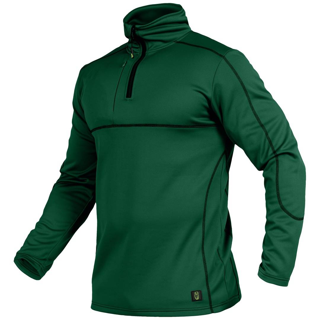 Grünes langärmeliges Athletic-Pullover-Shirt mit Viertel-Reißverschluss, Vorderansicht auf neutralem Hintergrund.
