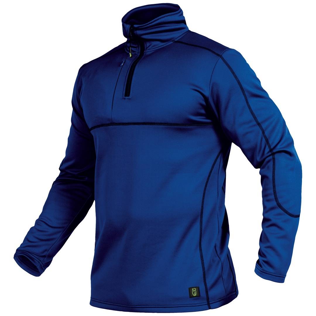 Blauer Langarm-Pullover mit Reißverschluss bis zur Mitte, hohem Kragen, isoliert auf weißem Hintergrund dargestellt.