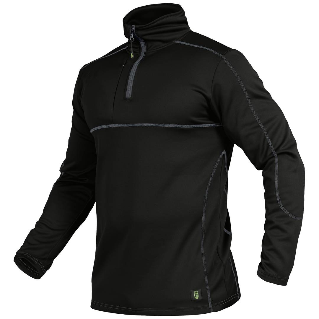 Schwarzes Langarm-Zip-Neck-Pullover-Shirt mit hochstehendem Kragen, Vorderansicht auf weißem Hintergrund.