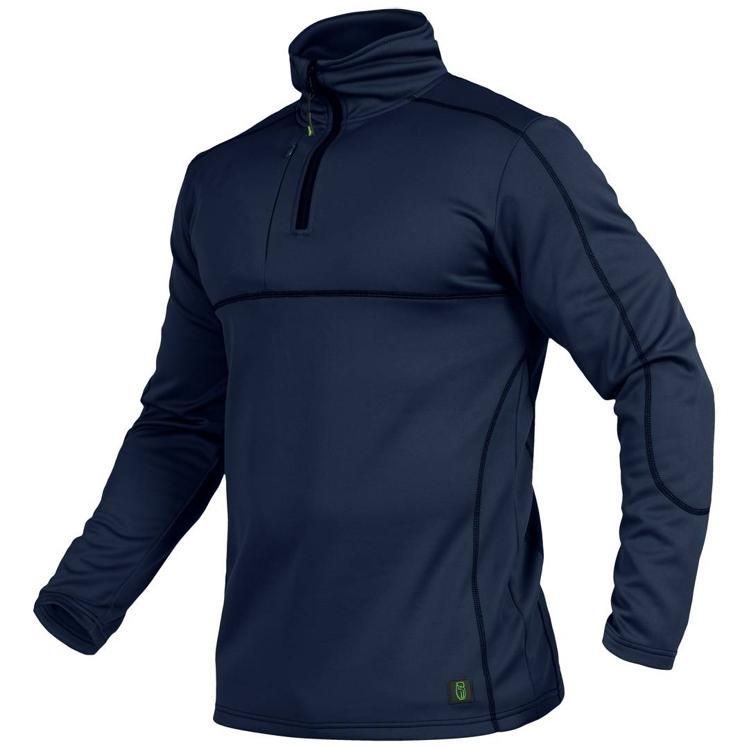 Langärmeliges athletisches Pullover der Marine mit hohem Kragen und kurzem Frontreißverschluss, gezeigt auf einfarbigem weißem Hintergrund.