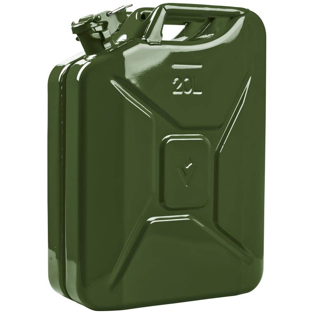 Grüne 20-Liter-Metallkanister mit Griff und Schraubverschluss, auf neutralem Hintergrund abgebildet.