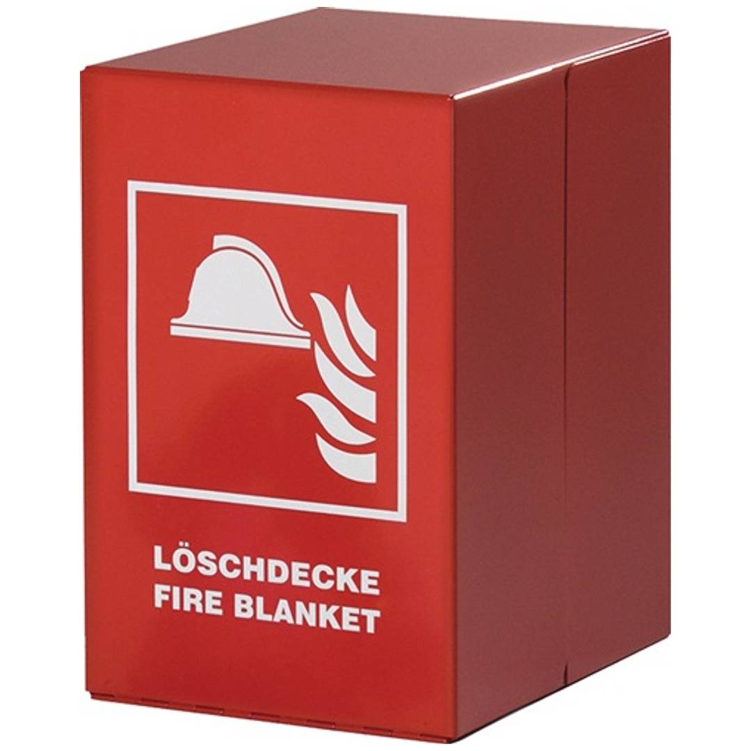 Rotes Feuerlöschdecken-Schrank mit der Beschriftung „LÖSCHDECKE FIRE BLANKET
