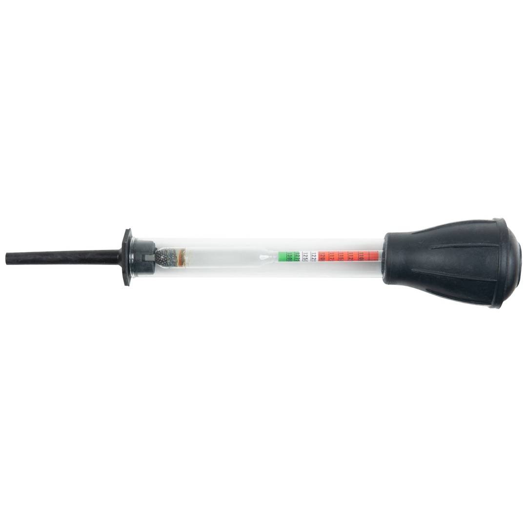 Glashydrometer für das Labor mit schwarzem Gummiballon und Stiel, mit grüner und roter Messskala.