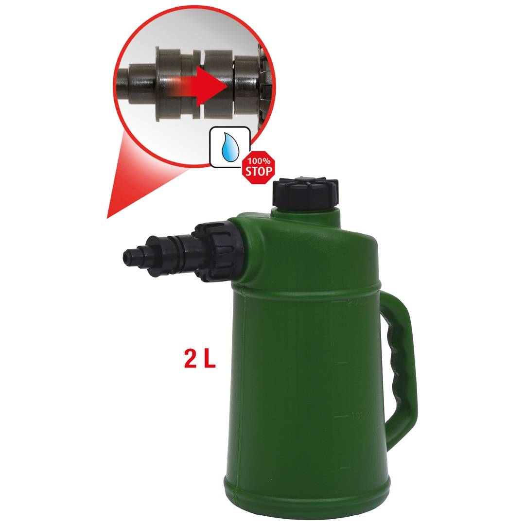 Grüne 2-L-Handpumpensprühflasche mit schwarzer Düse und Griff, mit einer Nahaufnahme des internen Ventils mit der Bezeichnung „100% STOP