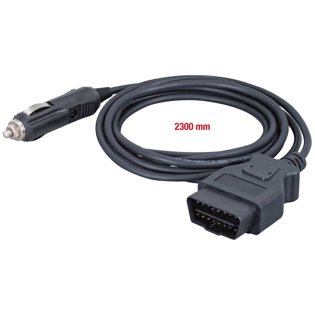 Aufgerolltes 2300 mm langes Autostromkabel mit Zigarettenanzünder-Stecker an einem Ende und Mehrfach-Steckverbinder am anderen Ende.