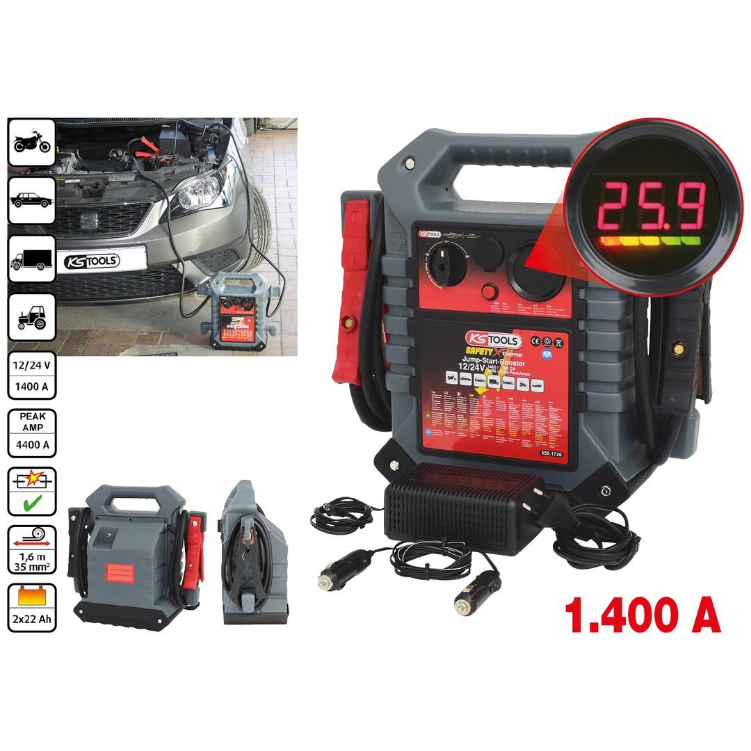 KS Tools tragbarer Starthilfegerät/Ladegerät für 12/24V-Fahrzeuge, gezeigt bei der Verwendung zur Fahrzeugstarthilfe, digitales Display mit Anzeige von 25,9 und einer Spitzenleistung von 1.400 A.