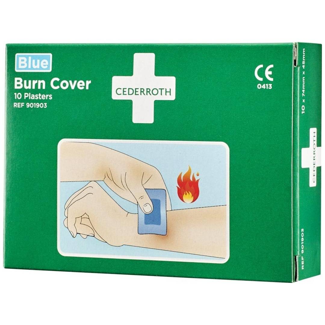 Grüne Box von Cederroth Blue Burn Cover, 10 Brandwundverbände, mit Illustration einer Hand, die einen Verband auf eine Brandwunde aufträgt.