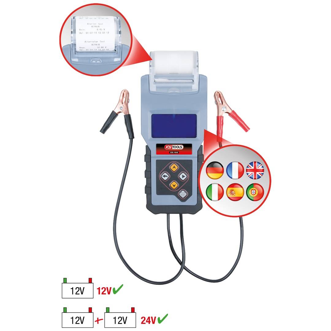 Tragbares Batterietestgerät mit Display, Drucker und Klemmen, zeigt 12V- und 24V-Tests und Flaggen für Mehrsprachunterstützung.