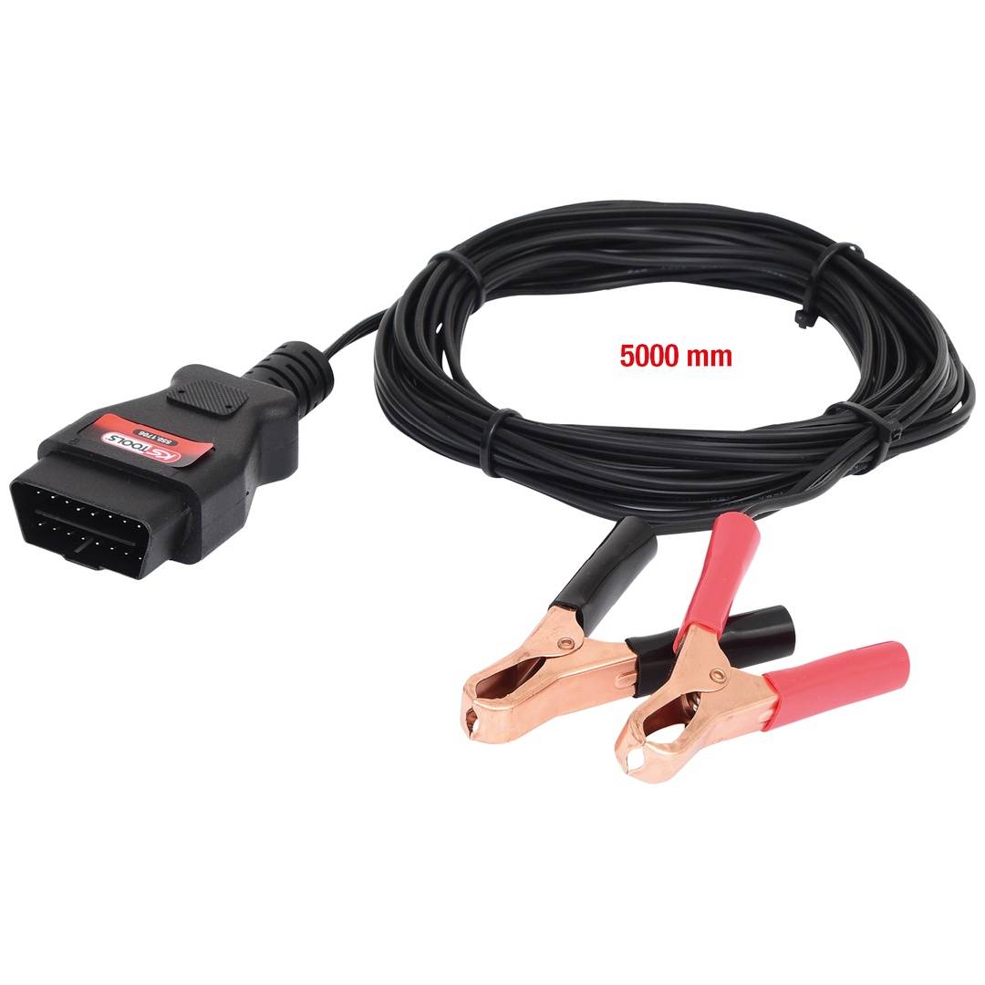 OBD-II-Diagnosekabel mit 16-poligem Stecker, 5000 mm Kabellänge und roten/schwarzen Krokodilklemmen für die Batterieverbindung.