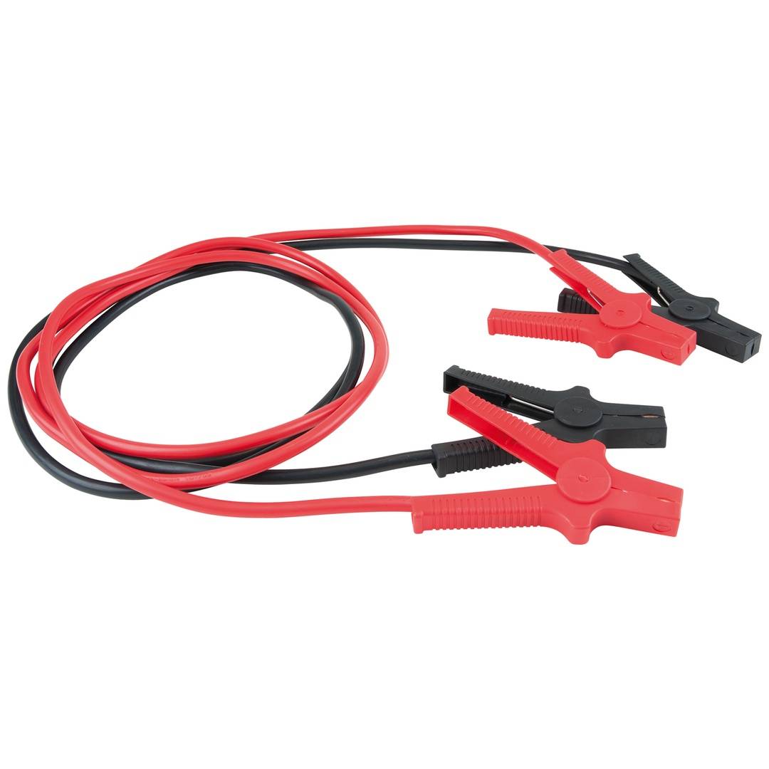 Rot-schwarze Starthilfekabel mit Krokodilklemmen zum Verbinden oder Starthilfe einer Batterie.