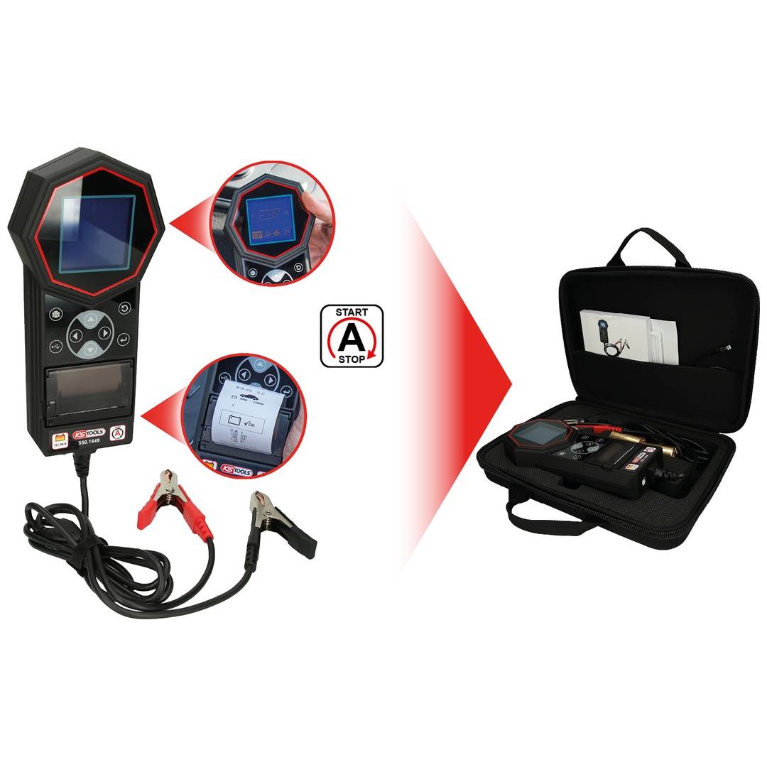 Tragbarer Autobatterietester mit Display, Klemmen, Kabeln und Tragetasche, dargestellt als Set mit vergrößerten Detailaufnahmen und Start-/Stopp-Schaltflächen-Anzeige.