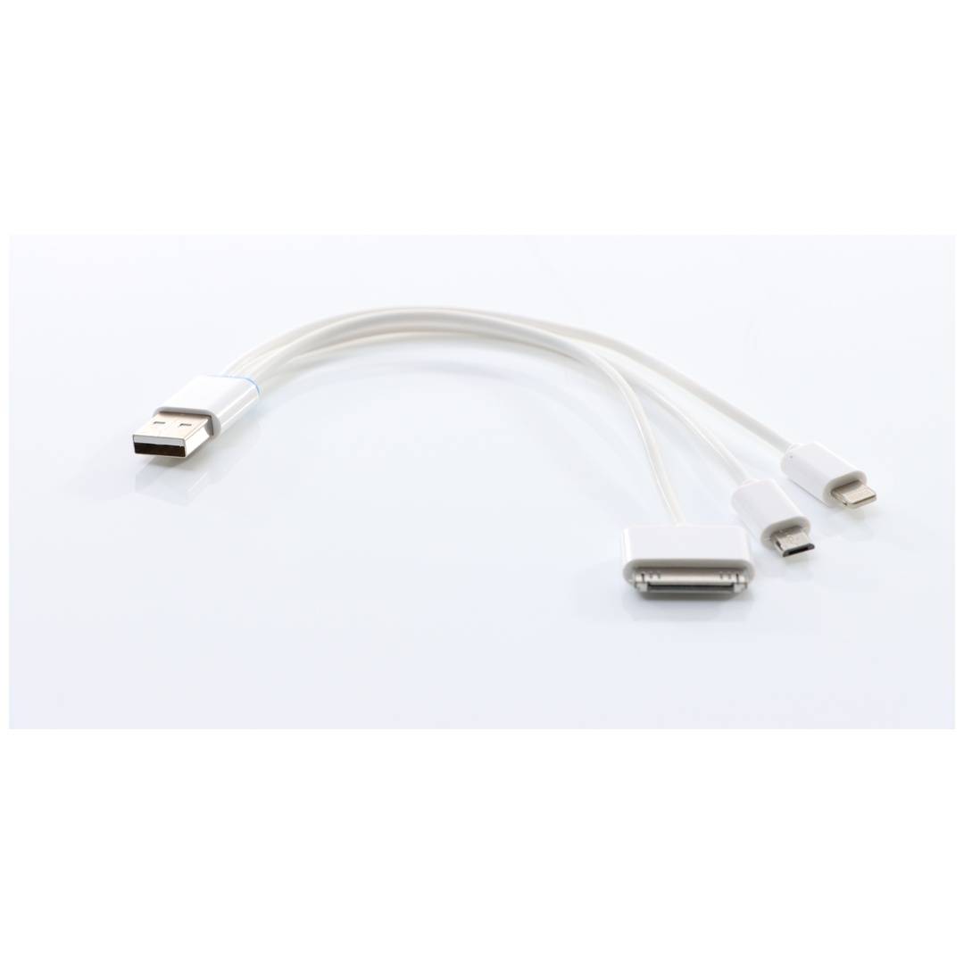 Weißes USB-Ladekabel mit USB-A-Anschluss und drei Geräteenden: Lightning, USB-C und Micro-USB