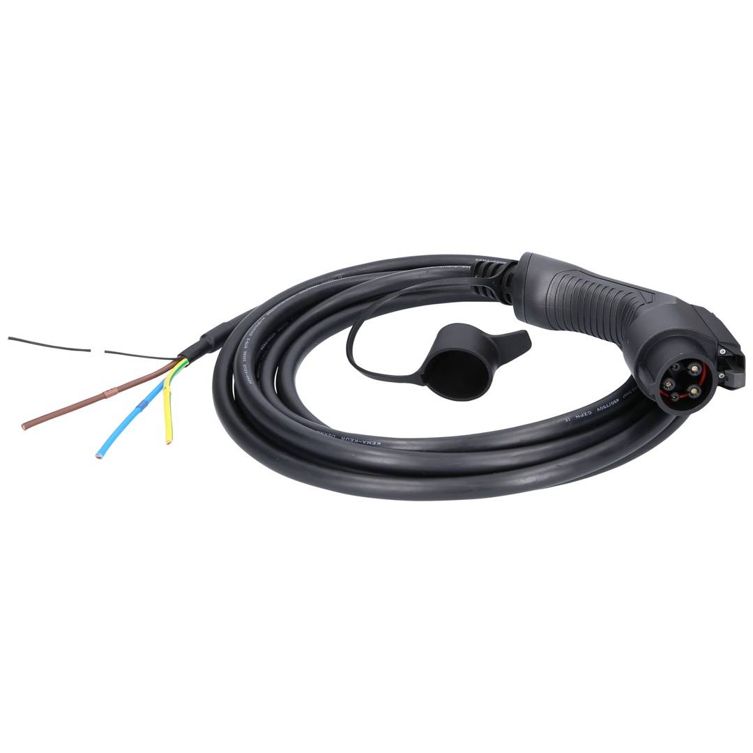 Aufgerolltes schwarzes Elektrofahrzeug-Ladekabel mit freigelegten Drahtenden auf einer Seite und einem Steckverbinder auf der anderen Seite.