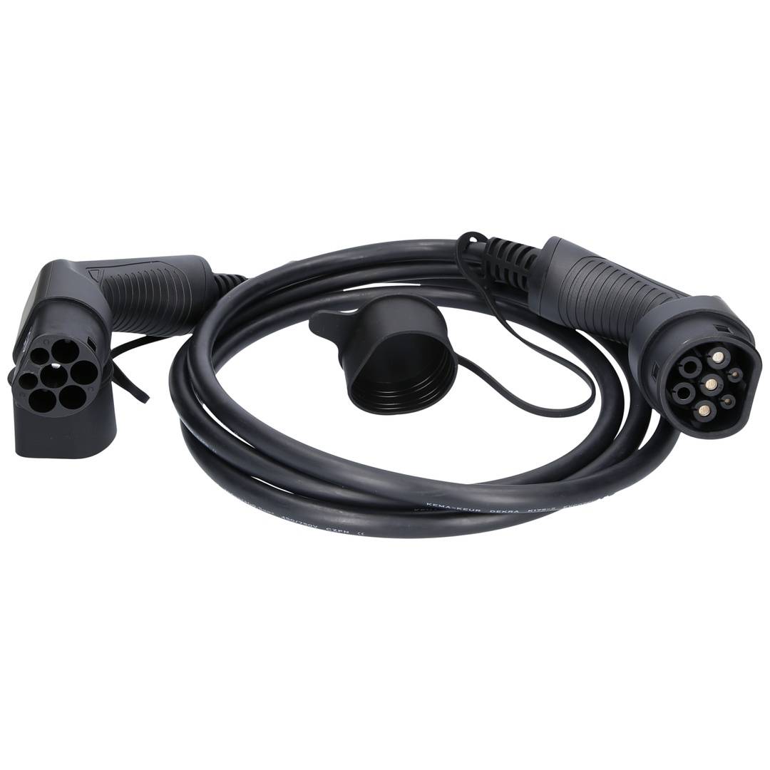 Schwarzes Elektrofahrzeug-Ladekabel mit zwei Steckerenden und einer Schutzkappe