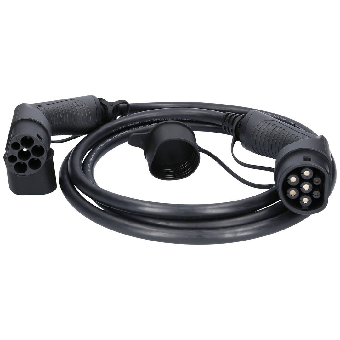 Schwarzes Elektrofahrzeug-Ladekabel mit zwei Steckern und einer Schutzkappe