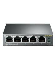 Kleiner Ethernet-Netzwerk-Switch mit fünf Frontanschlüssen und Statusleuchten auf einem grauem Metallgehäuse.