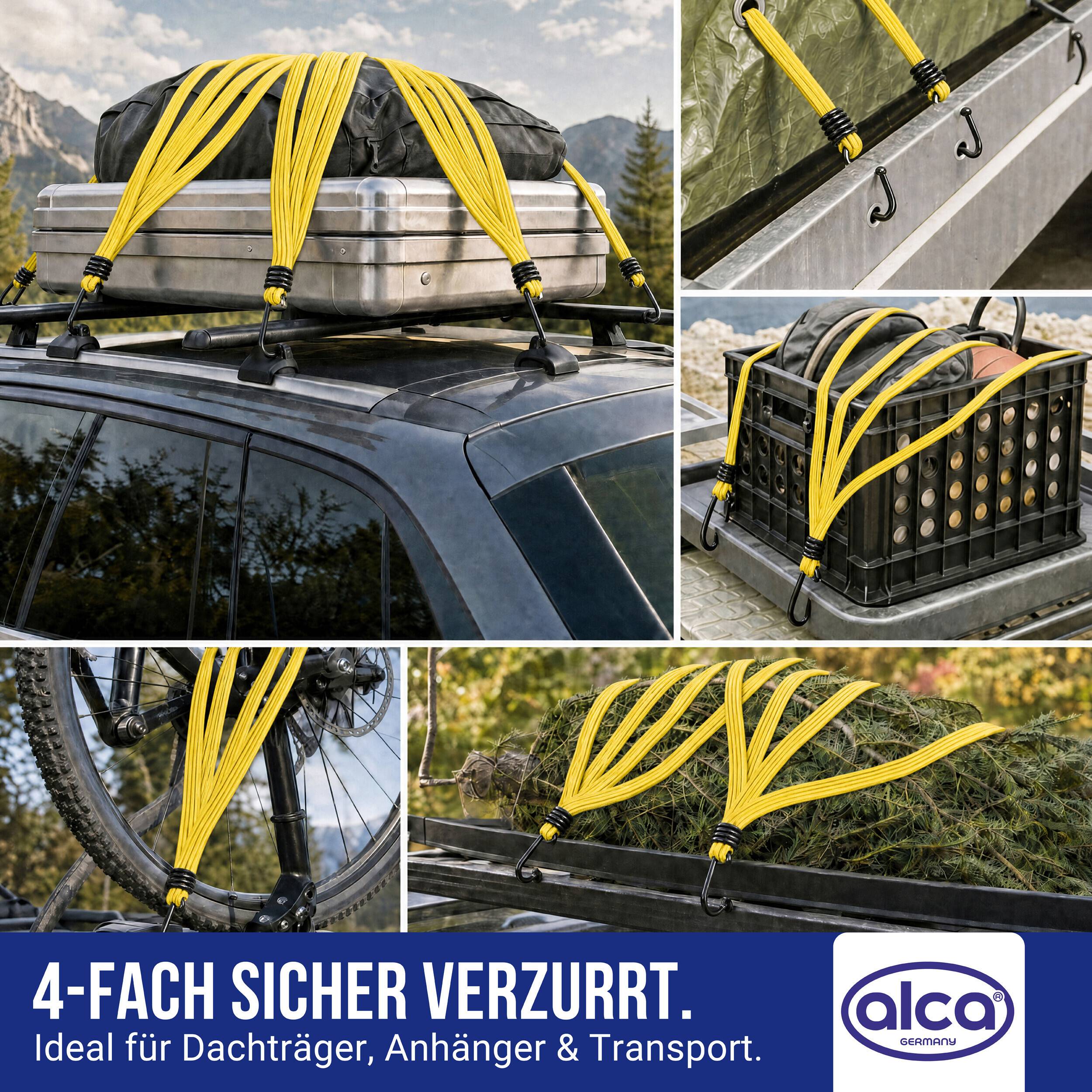 Collage mit gelben Spannriemen, die Gepäck, Kisten, ein Fahrrad und Äste auf einem Dachträger sicher befestigen; Anzeigentext besagt „4-FACH SICHER VERZURRT. Ideal für Dachträger, Anhänger & Transport.