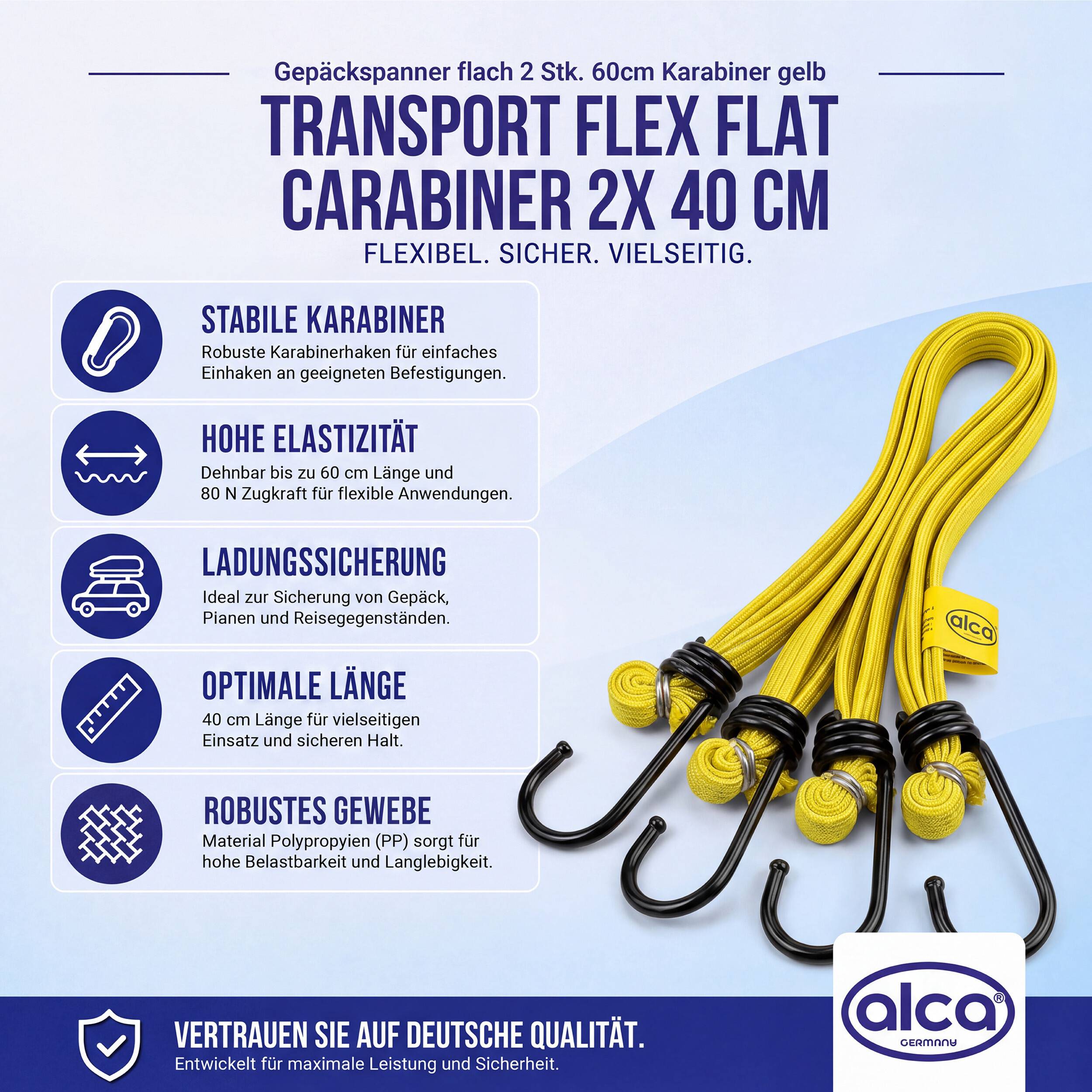 alca® Gepäckspanner extra flach 2er-Set Spanngurt 40cm elastisch bis 60cm 2 Stk. für Auto, Motorrad, Möbel & Transport