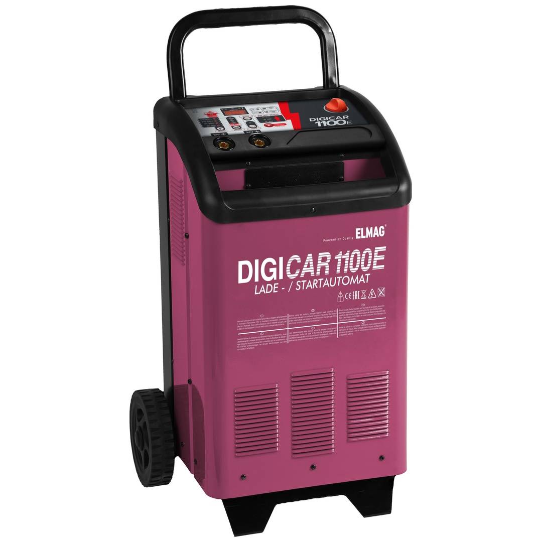 Tragbares Elmag DIGICAR 110E Batterieladegerät und Startgerät in Magenta mit Griff und Rädern.