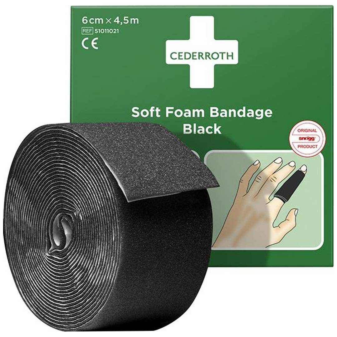 Schwarze Cederroth Schaumstoff-Verbandrolle mit grüner Kartonverpackung, beschriftet mit 
