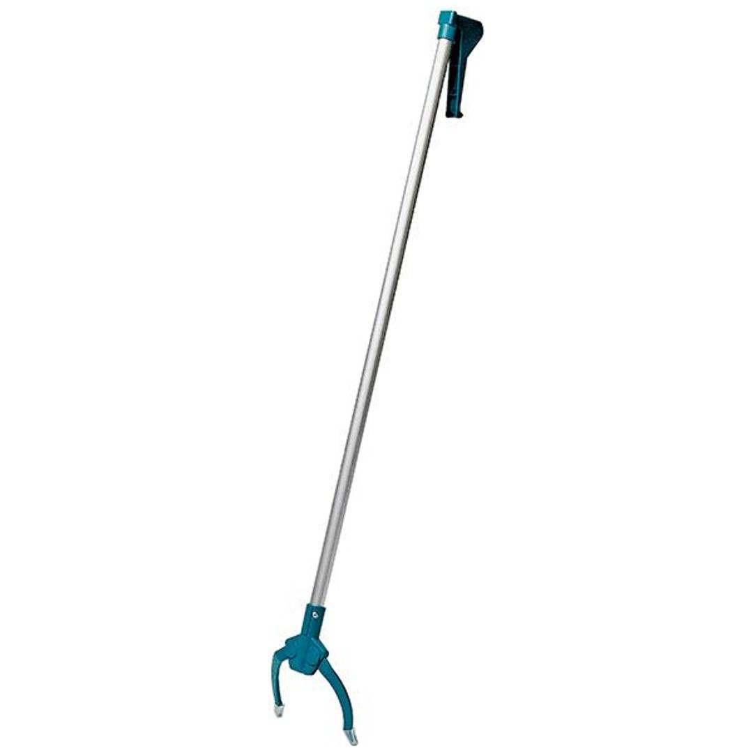 Blauer Müllgreifer mit langem Metallstiel und Krallengreifer zum Erreichen und Aufsammeln von Müll.