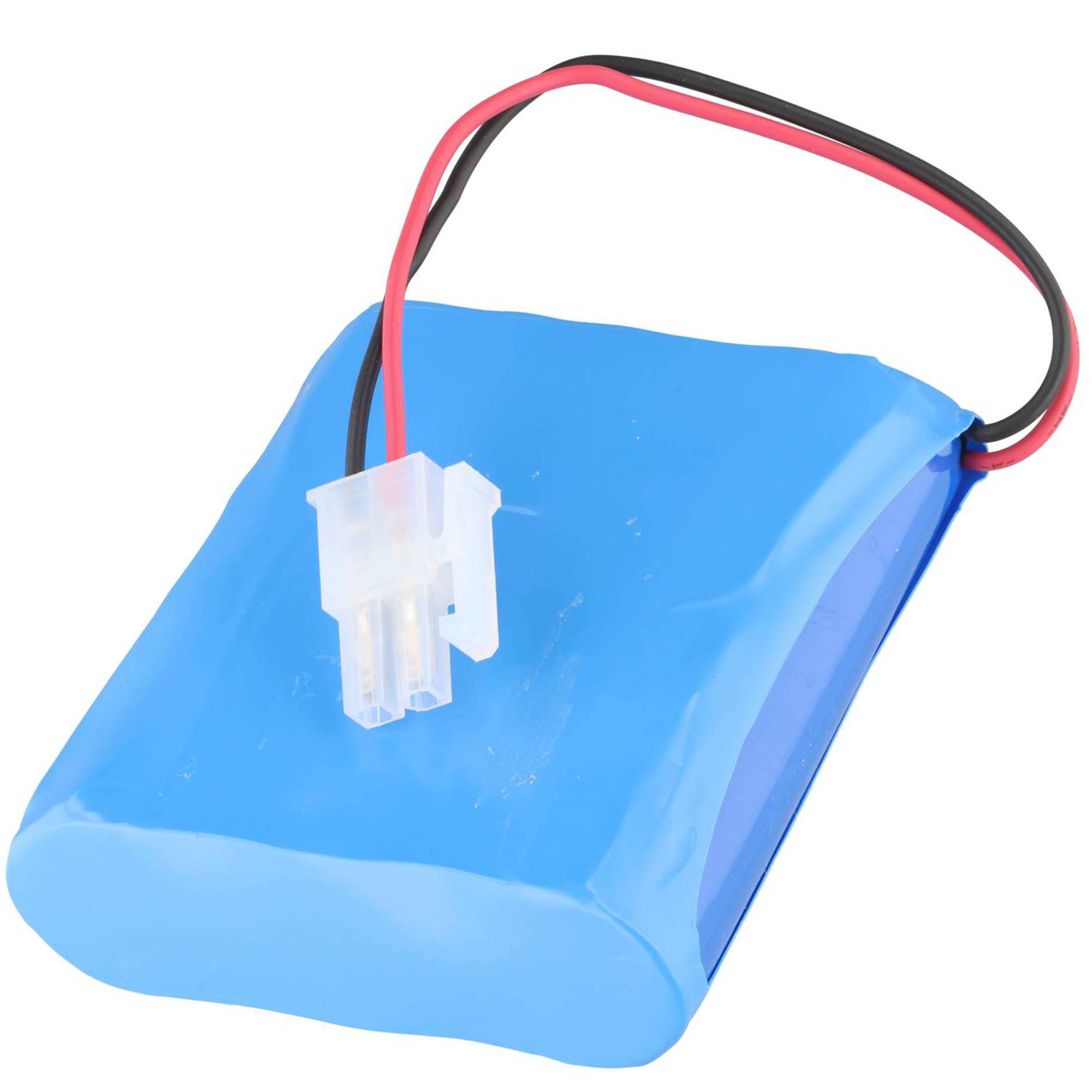 Blaues wiederaufladbares Batteriepaket mit roten und schwarzen Kabeln und einem angebrachten weißen Stecker.