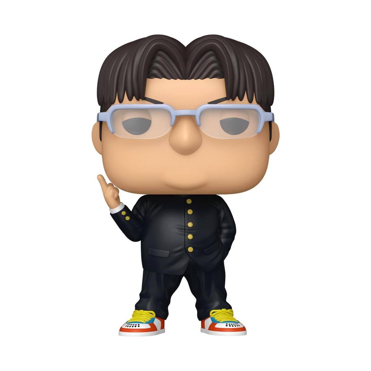 Eine stilisierte Charakterfigur mit Brille, schwarzem Outfit und farbenfrohen Sneakern, die mit einer erhobenen Hand gegen einen einfarbigen Hintergrund posiert.