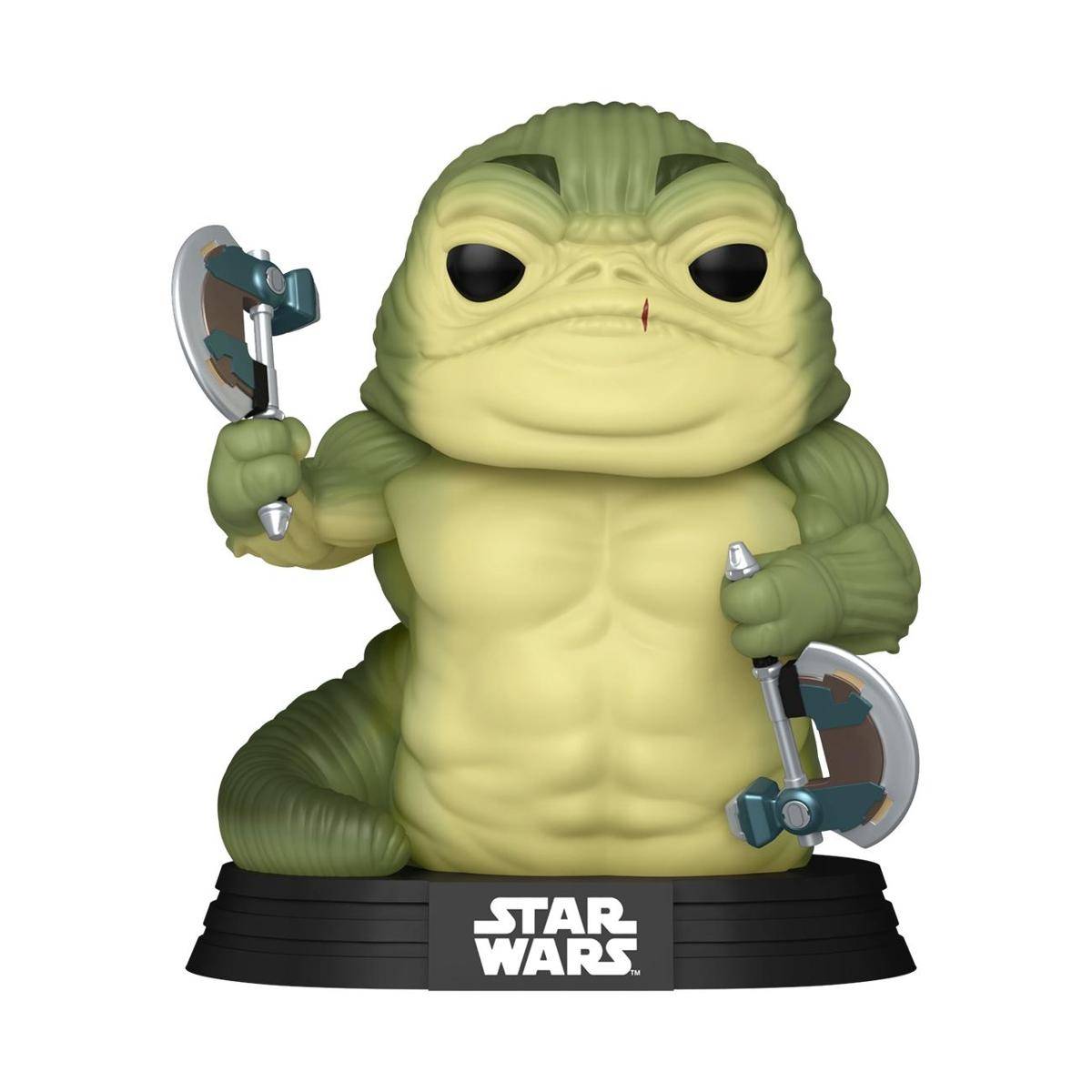 Star Wars Figur eines grünen Außerirdischen, der zwei Äxte hält, auf einem schwarzen Sockel mit einem 