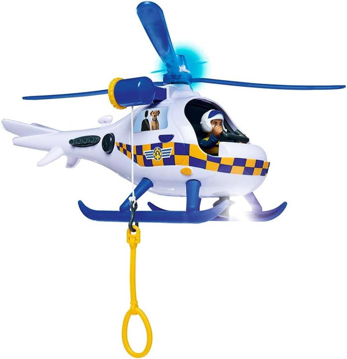 Spielzeug-Rettungshubschrauber mit einem Piloten in der Kabine, blauem rotierendem Rotor, Polizei-ähnlichen karierten Markierungen und einer gelben Rettungsschlaufe zum Aufhängen darunter.