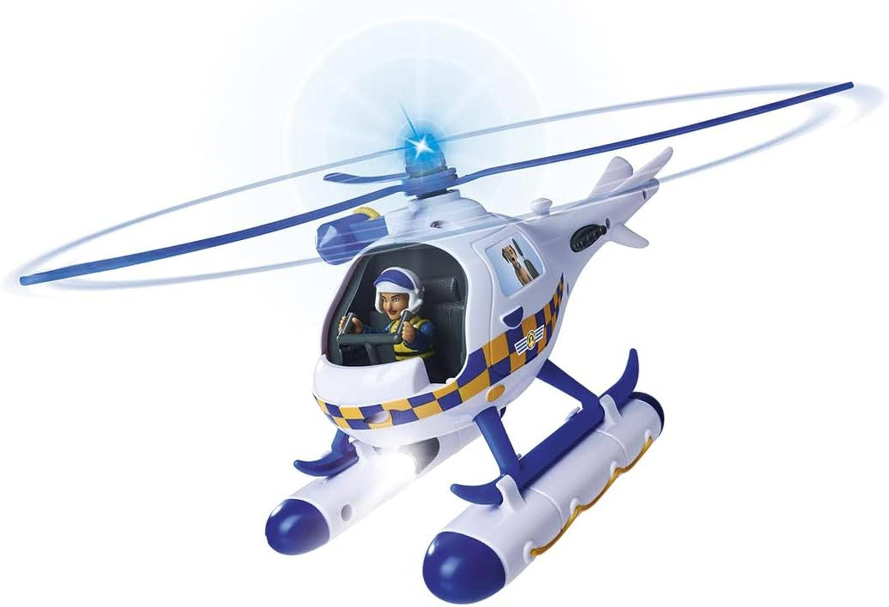 Spielzeug-Rettungshubschrauber mit einer Pilotenfigur, blauem Blinklicht und doppelten Schwimmkörpern auf weißem Hintergrund.