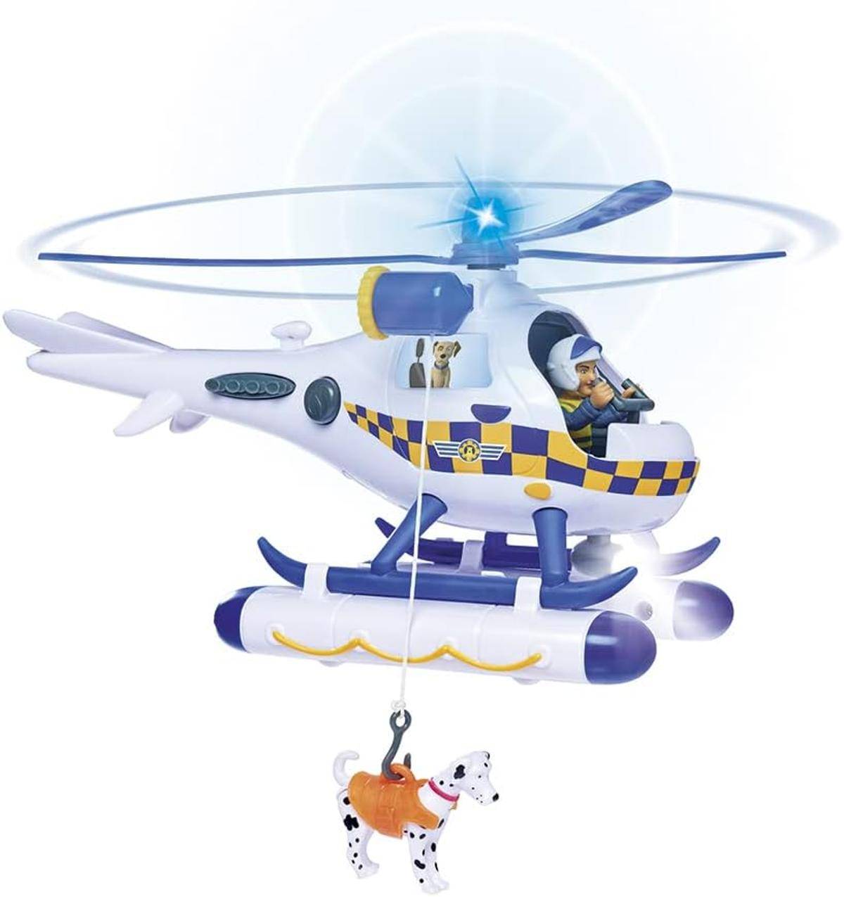 Rettungshubschrauber-Spielzeug mit rotierendem Rotor, Pilotenfigur in der Kanzel und einem baumelnden Haken, der einen gefleckten Hund hebt