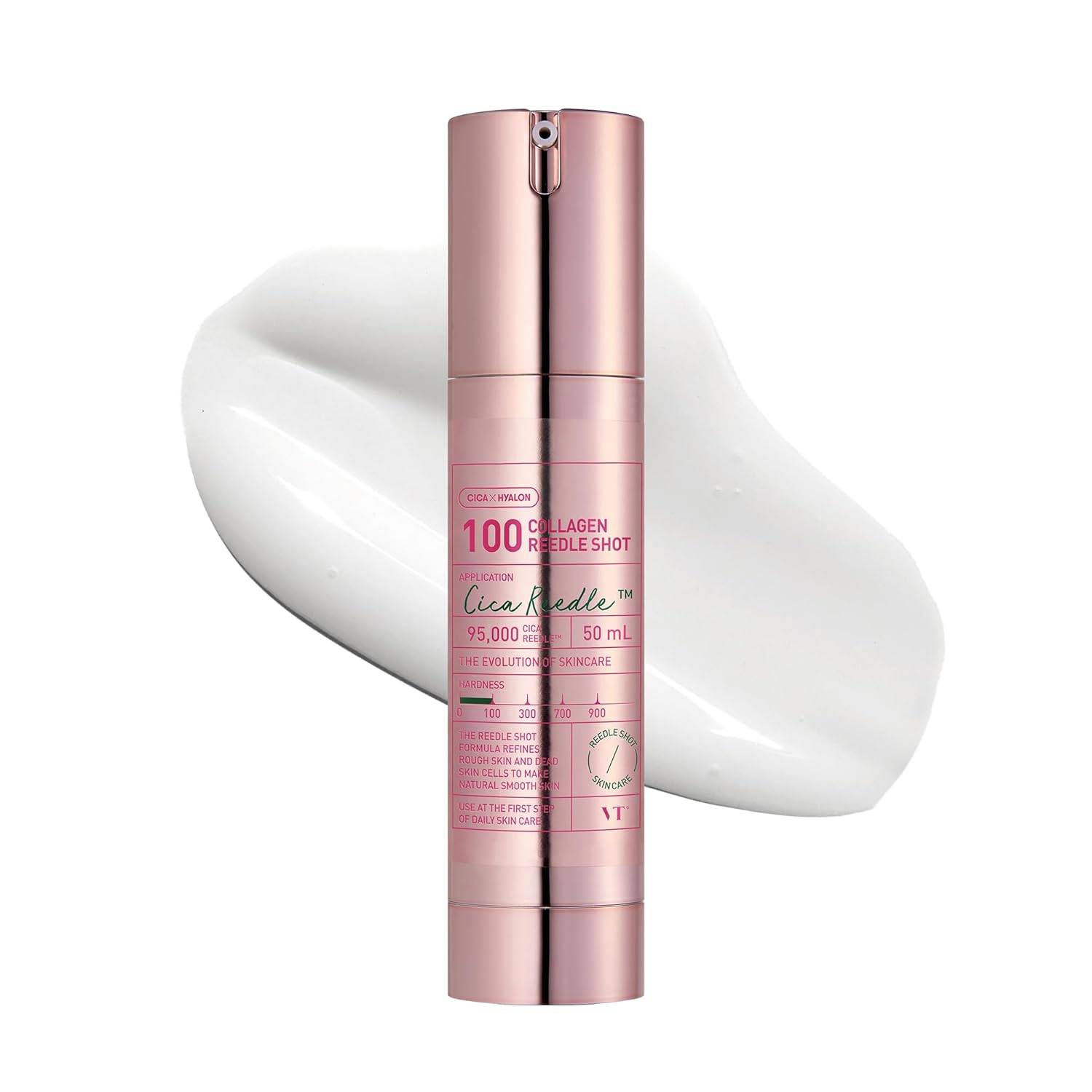 Rose-Gold-Cica-Reedle-Shot-Hautpflegeflasche, die vor einem weißen Cremestrich auf einfachem Hintergrund steht.