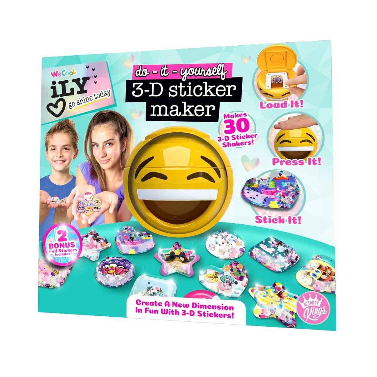 Kasten für einen DIY-3D-Aufklebermacher, der Kinder zeigt, die Emoji-förmige Aufkleberstreuer herstellen, mit Anleitung: Laden Sie ihn, Drücken Sie ihn, Kleben Sie ihn, und 30 Designs.