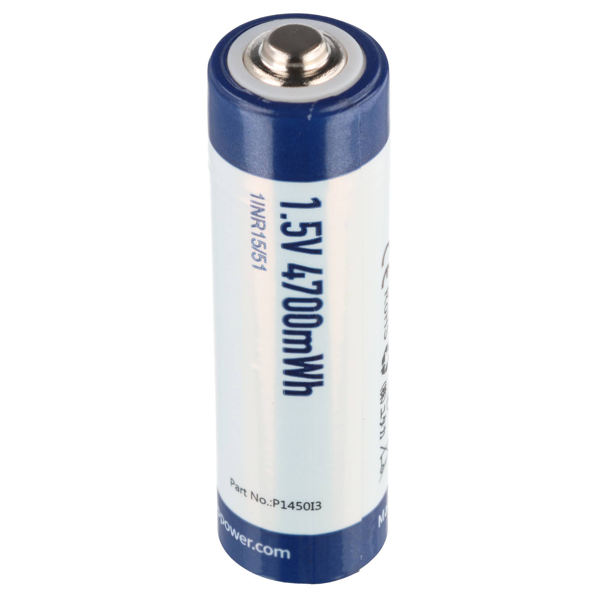 Einzelne 1,5V 4700mWh zylindrische wiederaufladbare Batterie mit blauem und weißem Etikett auf weißem Hintergrund.