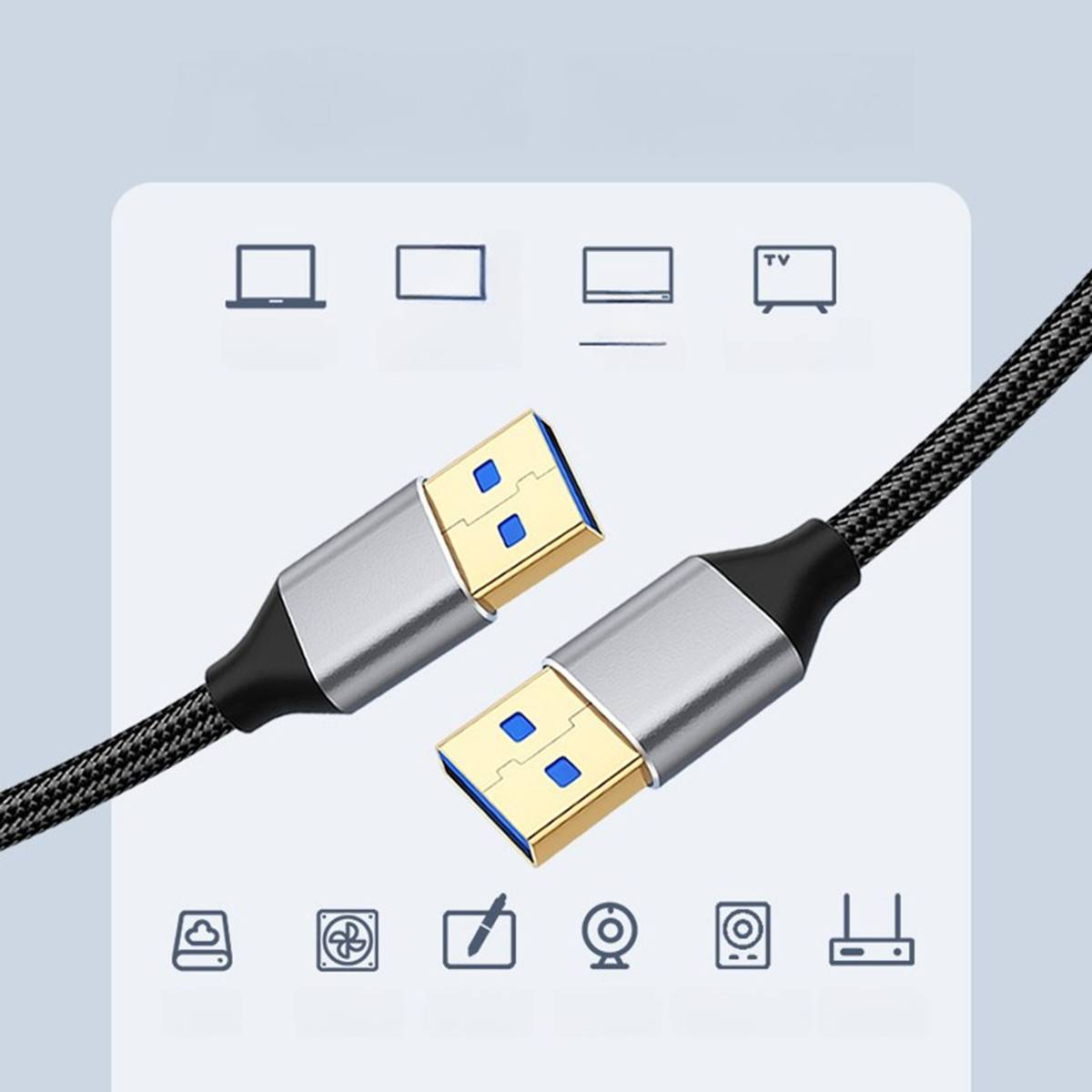 Nahaufnahme eines geflochtenen USB-Kabels mit zwei vergoldeten Steckverbindern, dargestellt als kompatibel mit Laptops, Monitoren, Fernsehern und anderen Geräten.
