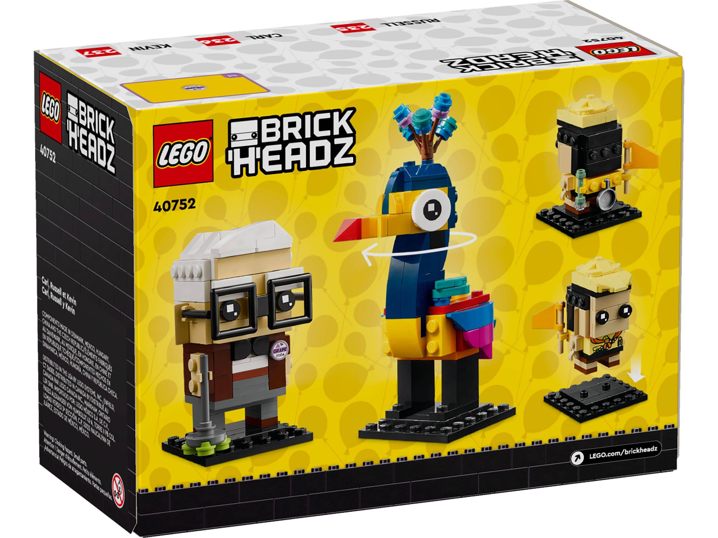 LEGO BrickHeadz Box mit drei baubaren Figuren: Eine Figur mit weißem Haar und Brille, ein bunter Vogel und eine kleine kantige Figur auf gelber Verpackung.