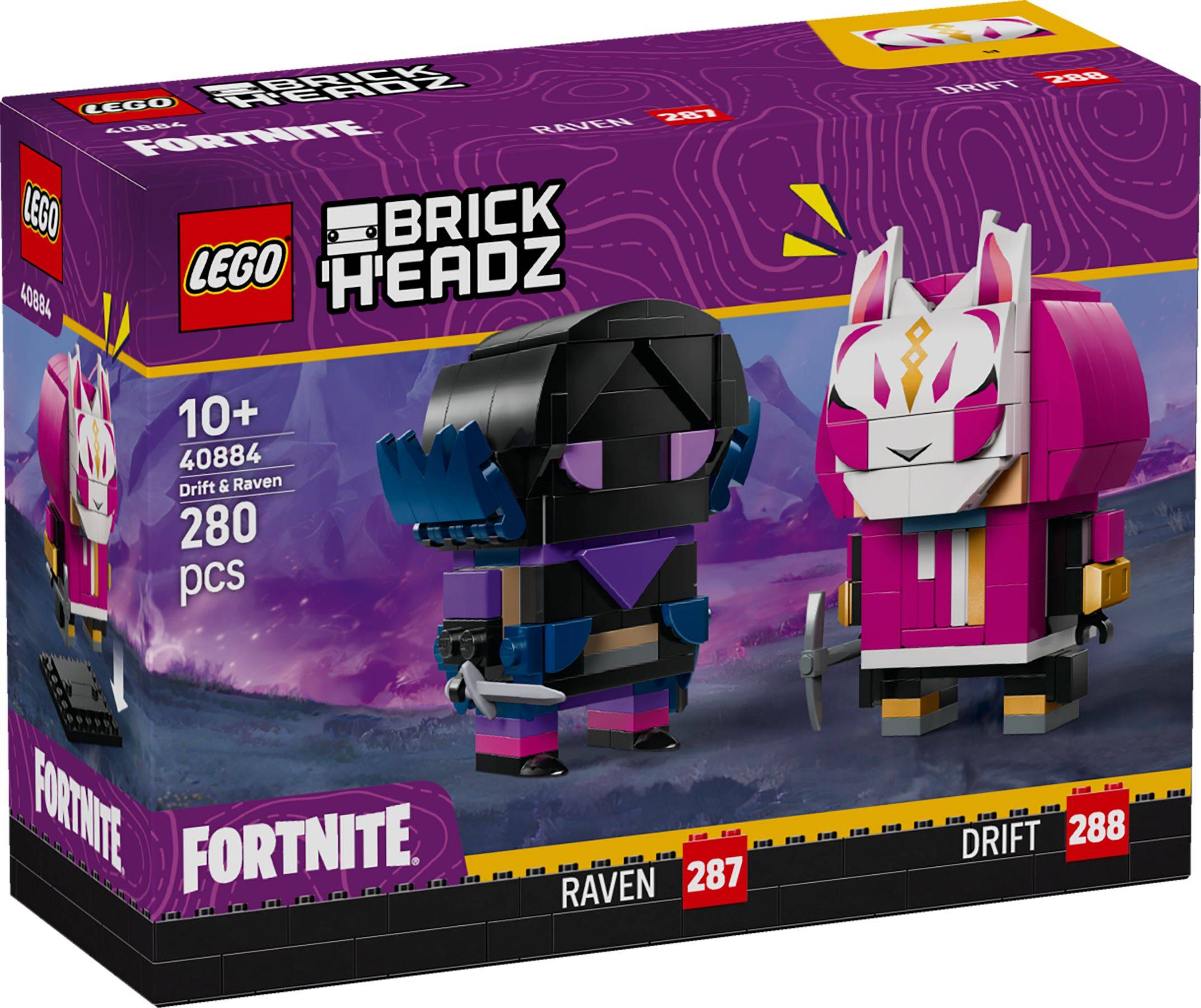 LEGO BrickHeadz Fortnite-Set Box mit Raven- und Drift-Figuren, ab 10 Jahren, 280 Teile, Set 40884.