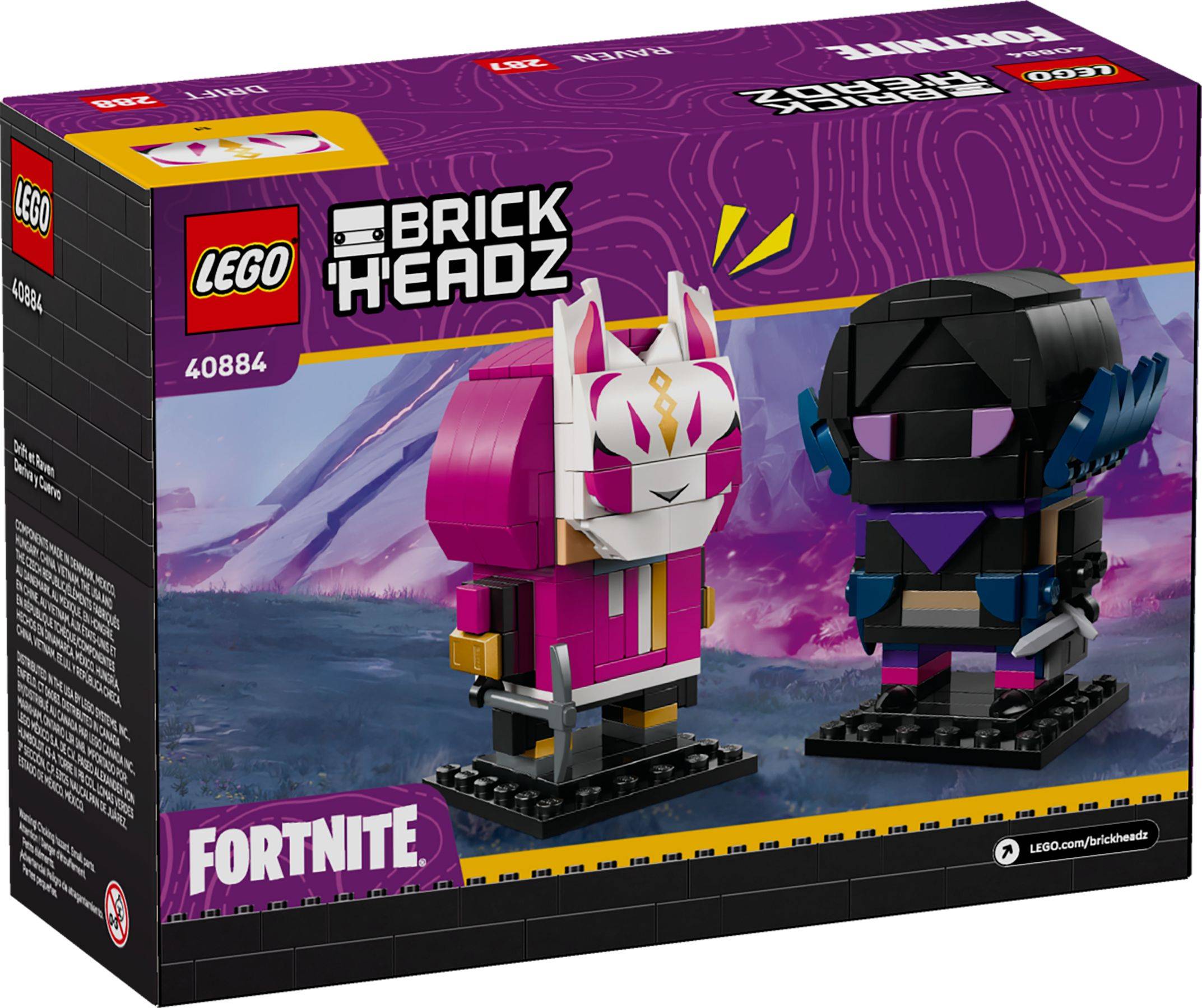 LEGO BrickHeadz Fortnite Box mit zwei Charakterfiguren auf der Anzeige, vor einem violetten spielethematischen Hintergrund.