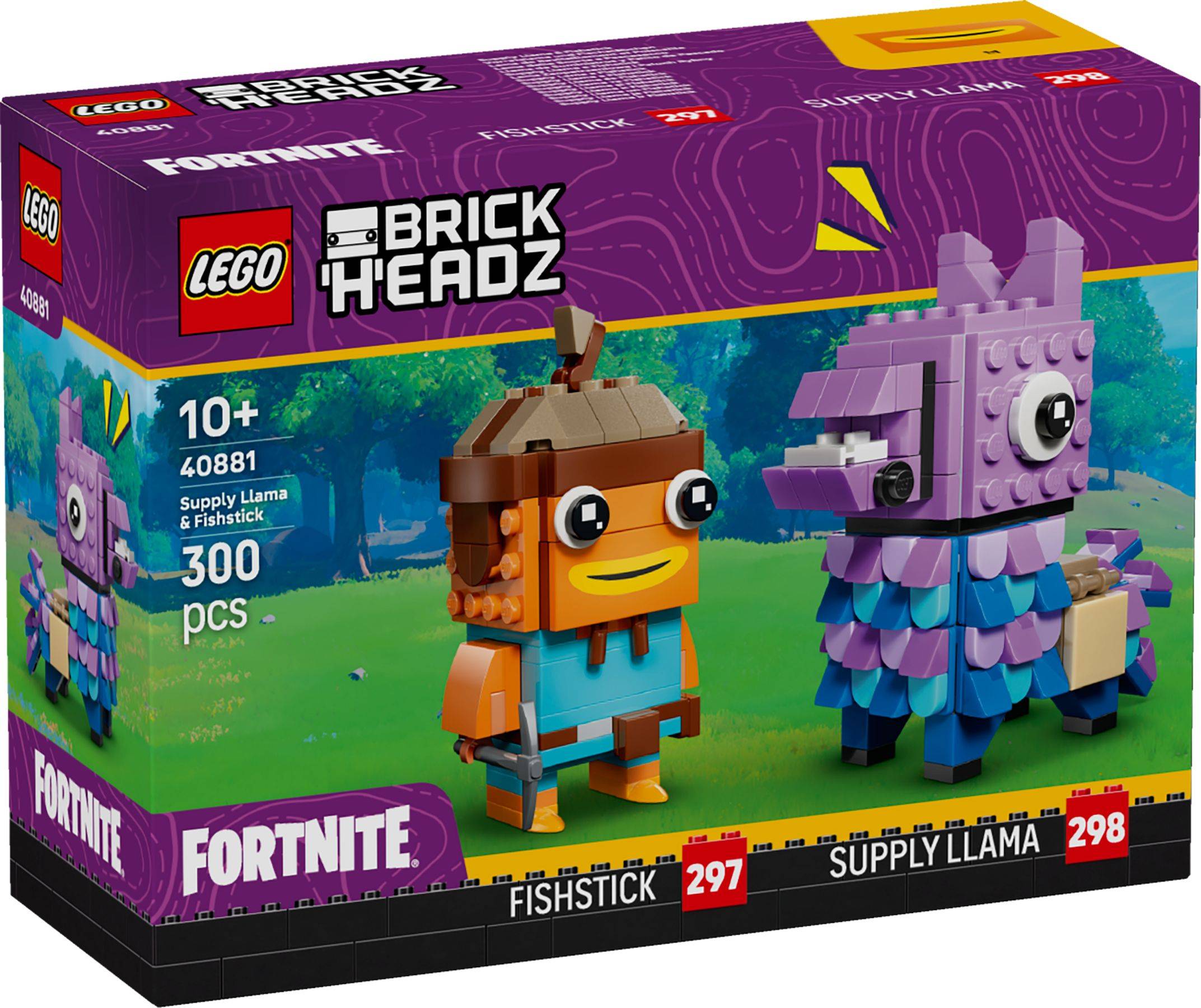 LEGO BrickHeadz Fortnite Bauset mit Verpackung, die Fishstick und Supply Llama zeigt, ab 10 Jahren, 300 Teile, Set 40881.