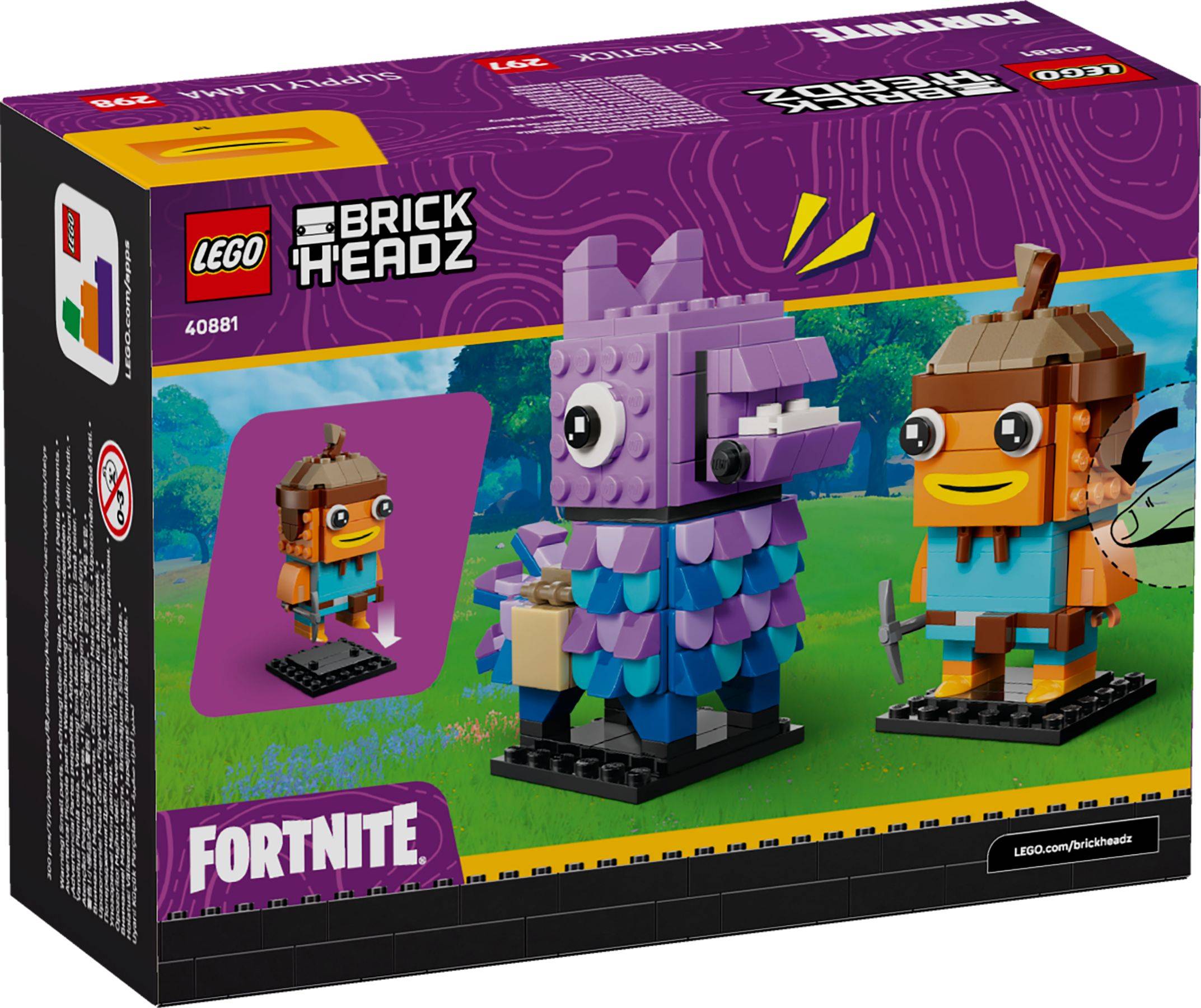 LEGO BrickHeadz Fortnite Set-Box mit lila Lama und Bananenfiguren auf grünem Hintergrund.