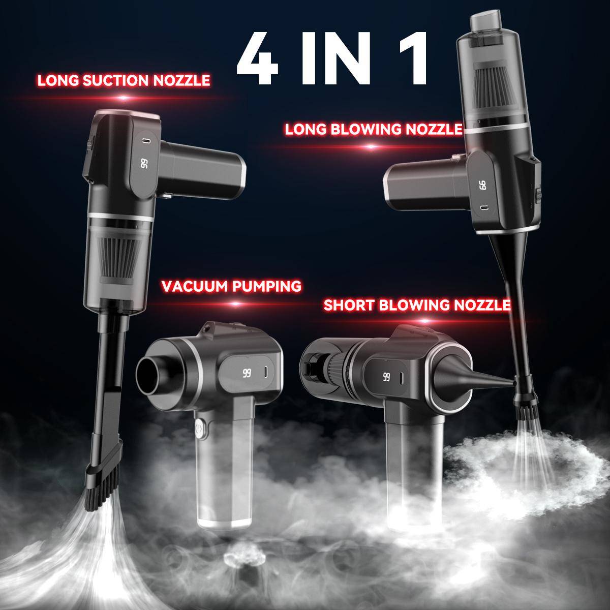 4-in-1 tragbarer Staubsauger mit langer Saugdüse, langer Blasdüse, Vakuumpumpe und kurzer Blasdüse in Gebrauch.