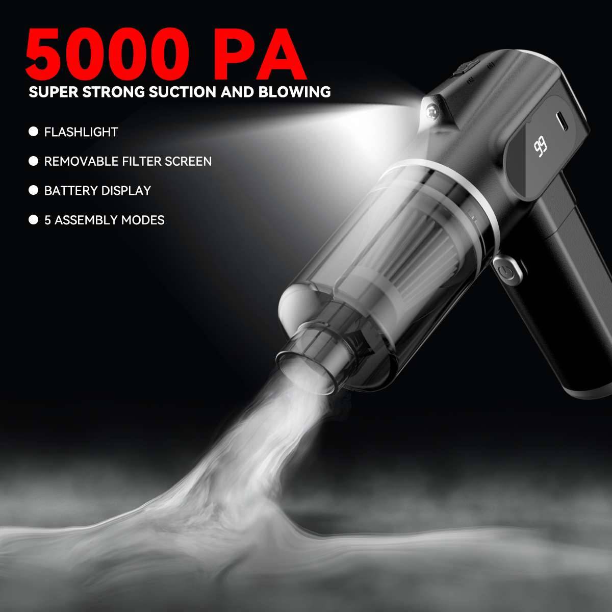 Werbebild eines tragbaren Staubsaugers mit „5000 PA