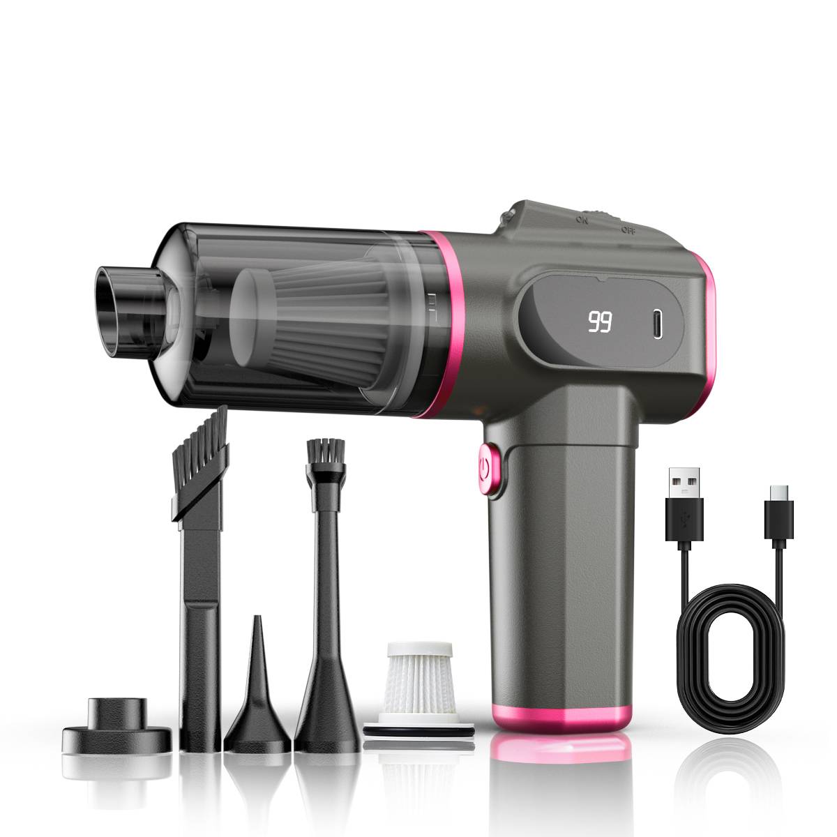 Schwarzer kabelloses tragbares Staubsauger mit rosa Akzenten, gezeigt mit Reinigungszubehör, Filter und USB-Ladekabel auf weißem Hintergrund.